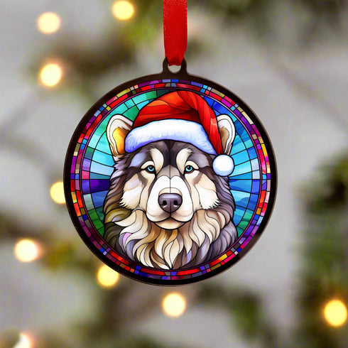 Alaskan Malamute in Santa Hat Suncatcher Decoration